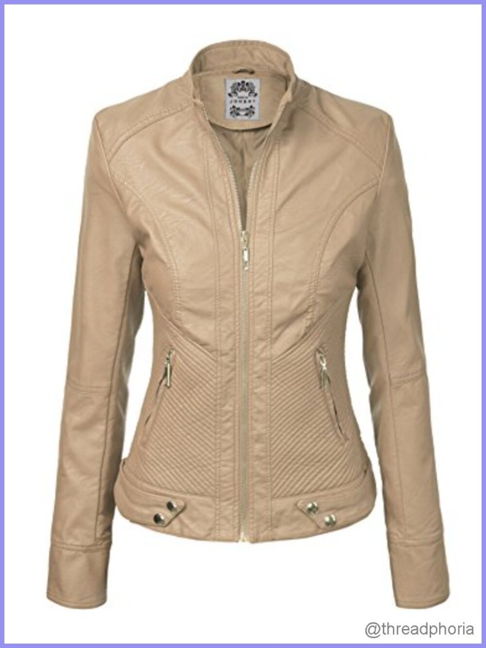 Faux Leather Zip Up Moto Biker Jacket Stitching Detail
